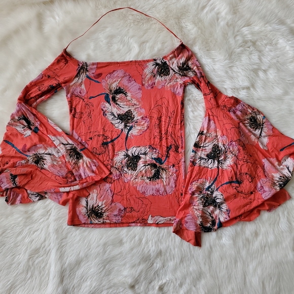 Free People Birds of Paradise Floral Off-Shoulder Flare Sleeve Top Small NWT - Picture 8 of 14